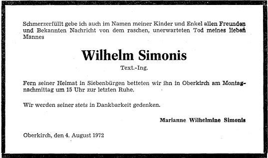 Simonis Wilhelm 1893-1972 Todesanzeige